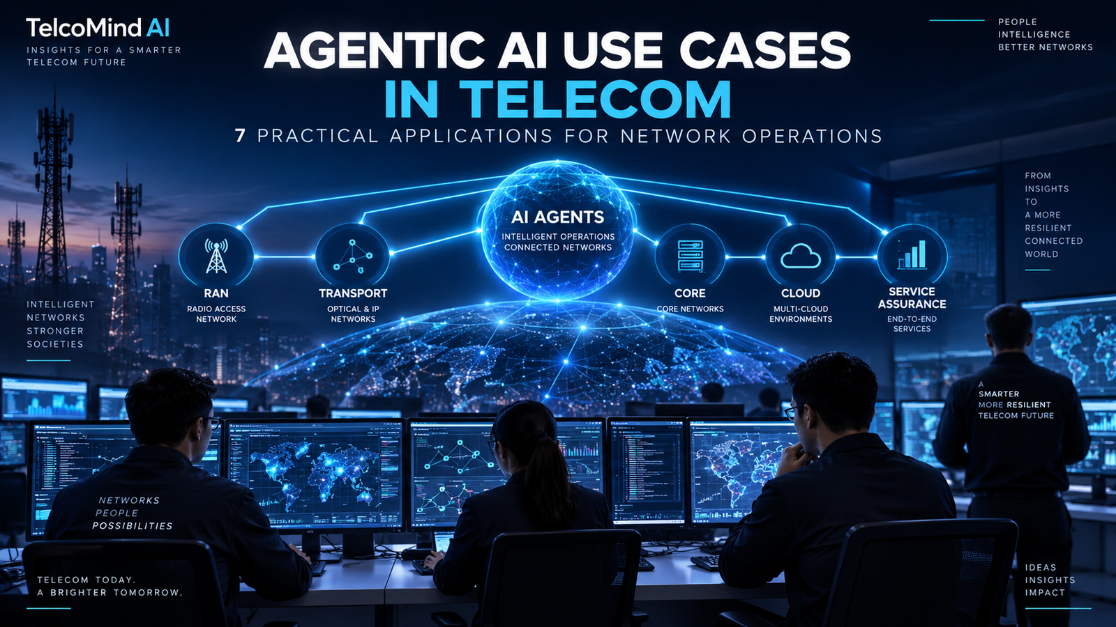 Agentic AI use cases in telecom showing AI agents coordinating RAN, transport, core, cloud and service assurance in a modern network operations center.